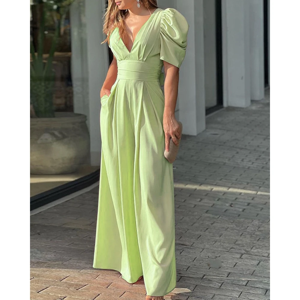 Women V-Neck Puff Sleeve Jumpsuit Party Solid Casual Wide Leg Jumpsuit Women 2023 Summer Elegant Lady Outfits y2k Clothing