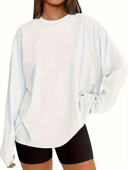 Ladies' Loose Round Neck Fashionable Versatile White 100% Cotton Comfortable Long Sleeved T-shirt Trendy 1