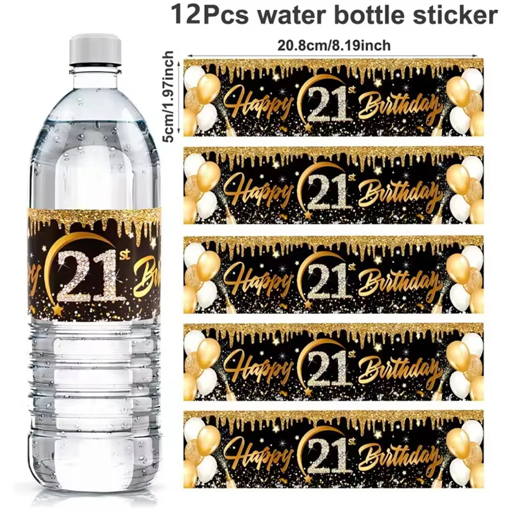 Elegant Black and Gold Birthday Bottle Stickers - Set of 12