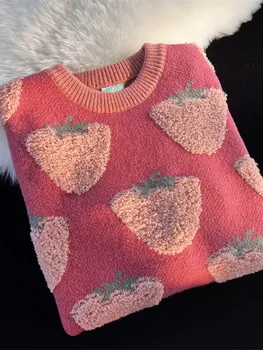 سترة نسائية فضفاضة لخريف وشتاء 2025 بأكمام طويلة بلوفرات وردية محبوكة للسيدات برقبة دائرية سترة دافئة ملابس نسائية 5