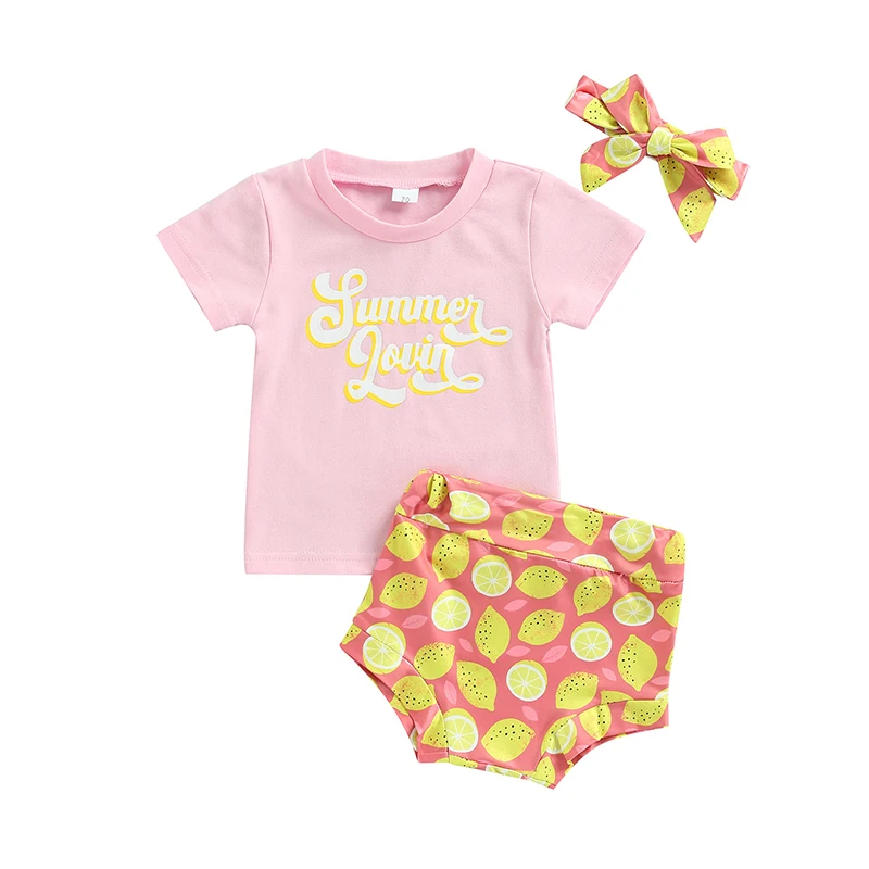 vintage Baby Clothing Set 3Pcs Baby Girls Outfits Toddlers Summer Letter Printing Round Collar Short Sleeve T-shirts + Lemon Shorts + Headwear Clothes Set Baby Clothing Set cheap Baby Clothing Set