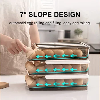 Automatic Slide Egg Storage Box Transparent Drawer, Stackable Rolling Eggs Rack Egg Tray Holder Basket, Kitchen Fridge Organize