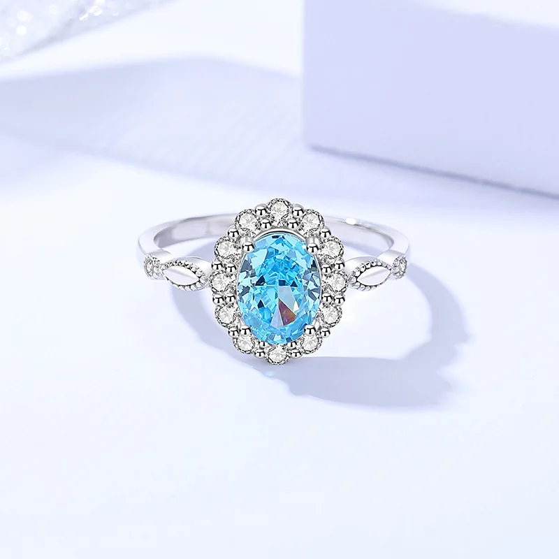 S925 Sterling Silver Ice Flower Cut Light Blue Zircon Ring Popular Women's Jewelry Light Luxury Personality Ring