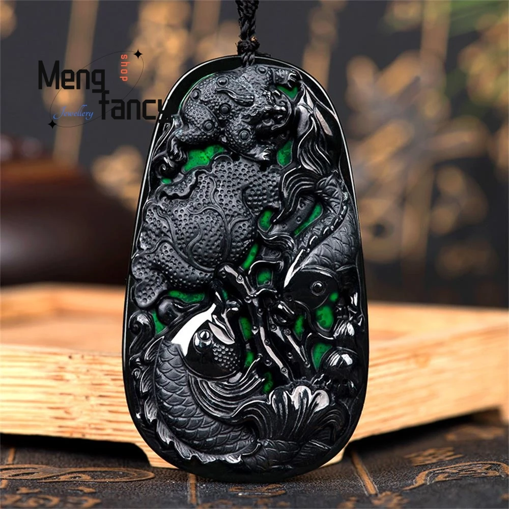 

Natural A-goods Jadeite Ink Jade Fortune Toad Koi Pendant Exquisite Handicraft Mascots Best Selling Fashion Jewelry Holiday Gift