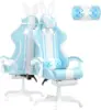 Kawaii Light Blue Gaming Chair with Bunny Ears, Cute Ergonomic Gamer Chair with Footrest and Massage, Racing Reclining Leather C 1