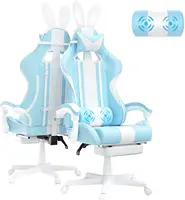 Kawaii Light Blue Gaming Chair with Bunny Ears, Cute Ergonomic Gamer Chair with Footrest and Massage, Racing Reclining Leather C 1