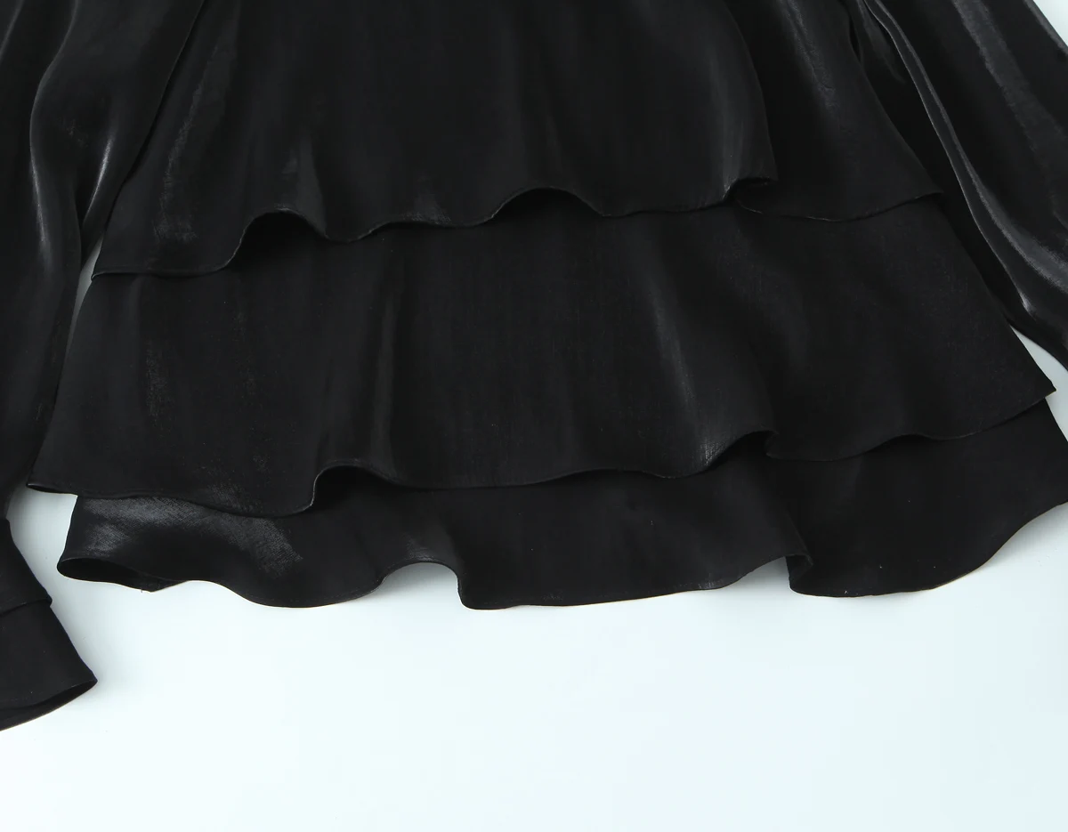 Women French Style Elegant Blouse Fashion Simple Loose O-Neck Long Sleeve Shirt Lady Glossy Fabric Layered Decoration Blouse