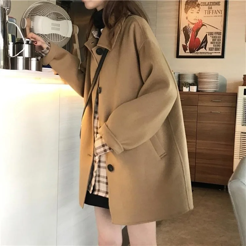 Wool Blends Coats Women Loose Winter Students Solid Simple All-match Warm Soft Casual Trendy Chic Fall Clothes for  Ins