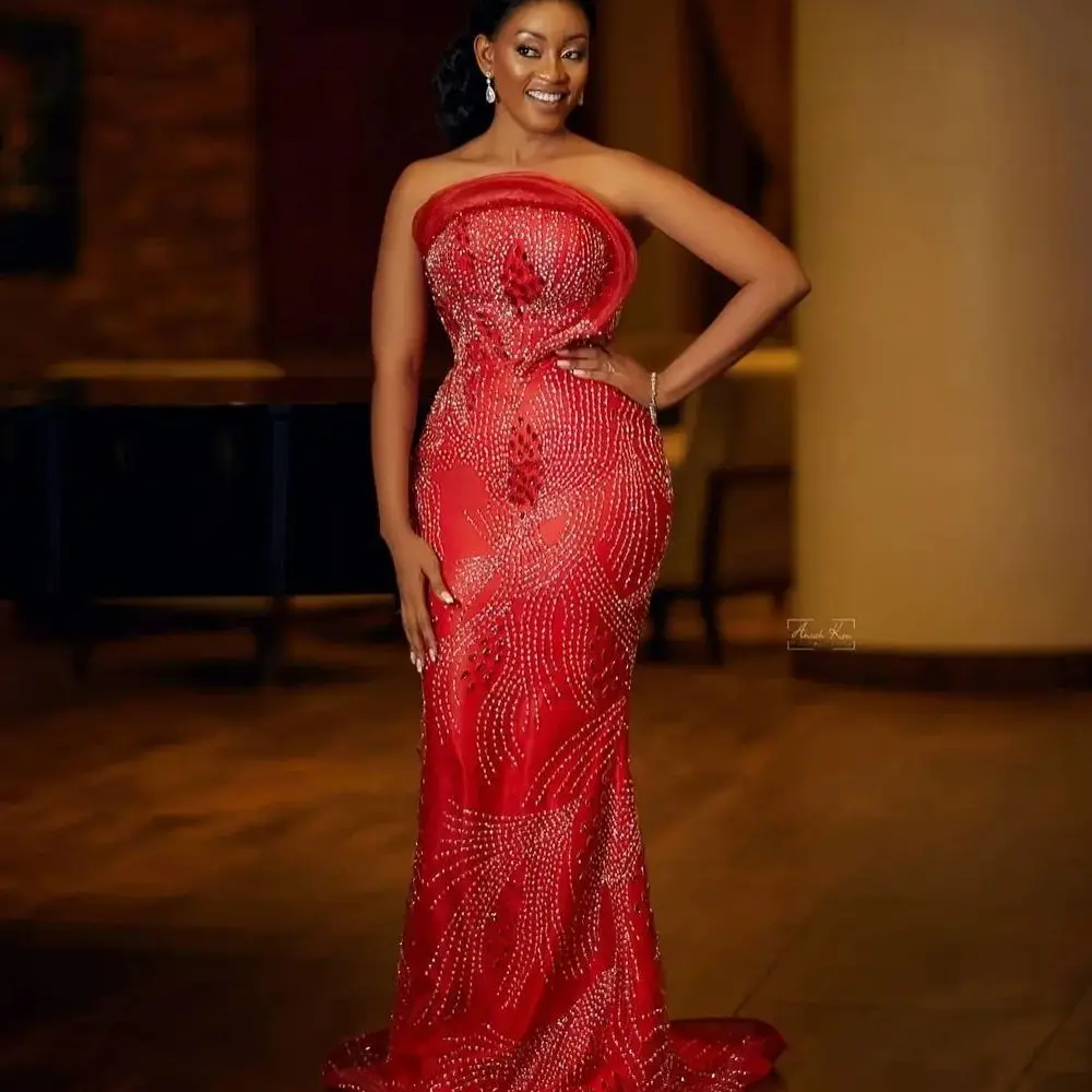 

Роскошные красные вечерние платья-русалки со стразами, стиль Aso Ebi, без бретелек, ручная работа, украшенное бусинами, женское платье для выпускного вечера, модель 2024