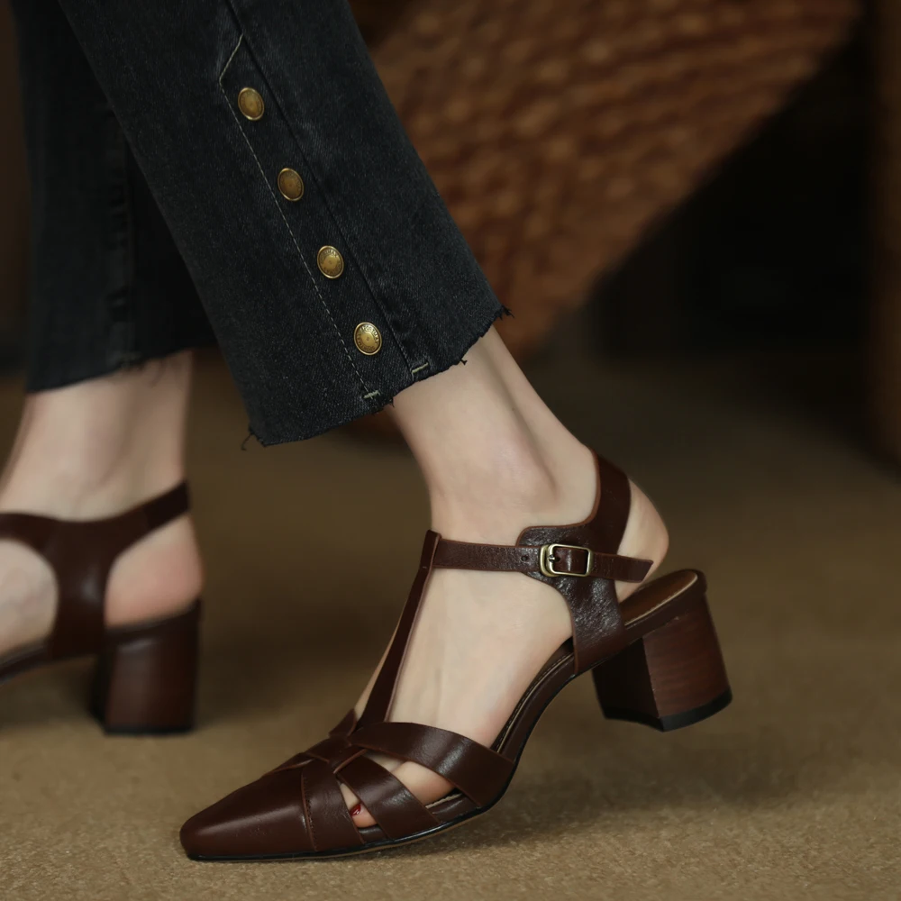

Womens Pumps Cowhide Summer Sandals Female Retro Sandals Buckle Vintage Roman Style Ladies Shoes Spring Autumn Gladiator Sandal