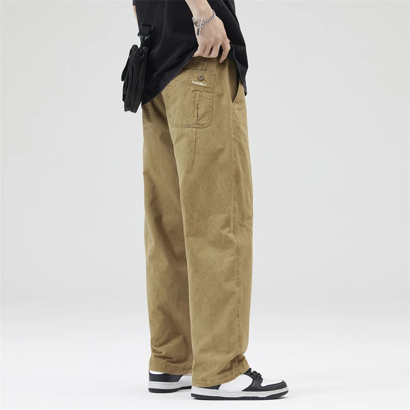 2025 Spring New 100% Cotton Casual Cargo Pants for Men Clothing Drawstring Solid Color Men Trousers YL905 2