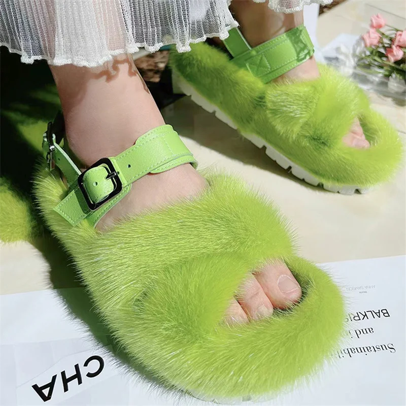 High Quality Furry Fur Sandals, Winter Women's Casual Warmth Mink Fur Slippers, Straight Lace Up, Home Lazy Sandals