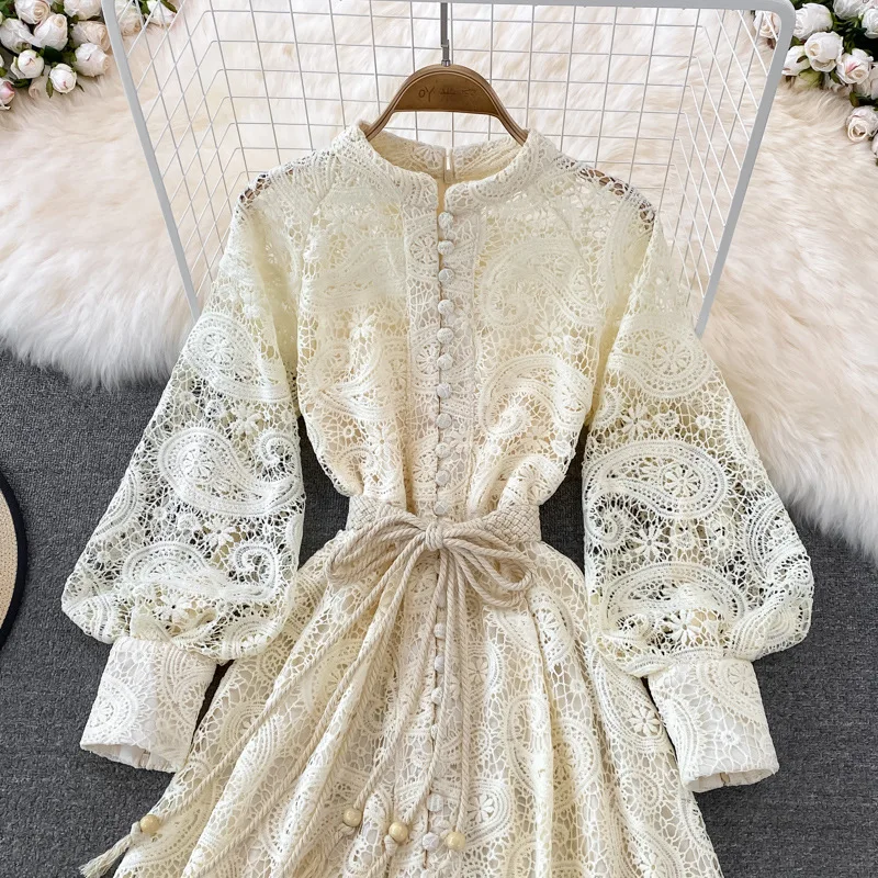 Vintage Court Style Lace Dress Women Elegant Hollowed Out Lantern Long Sleeve Slim Party Dresses Ladies Beige Black Long Robe