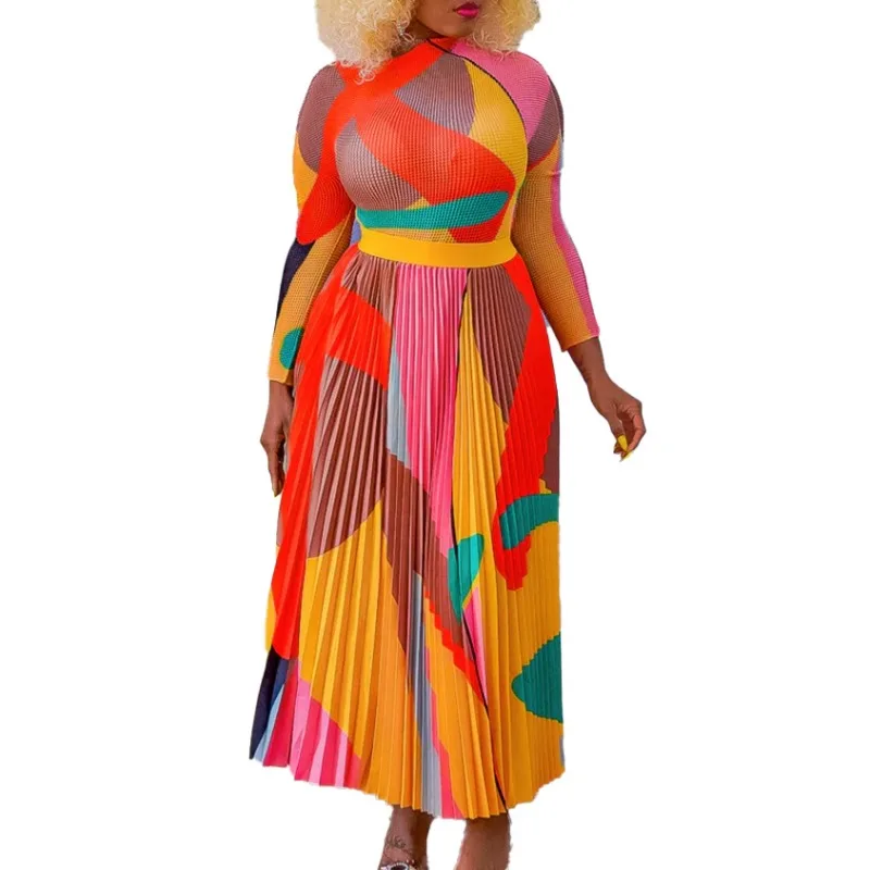 Manga Longa Africana O-Neck Poliéster Top e Saia Combinando Conjuntos para Mulheres, Roupas de Outono, Roupas Elegantes, 2 Pcs