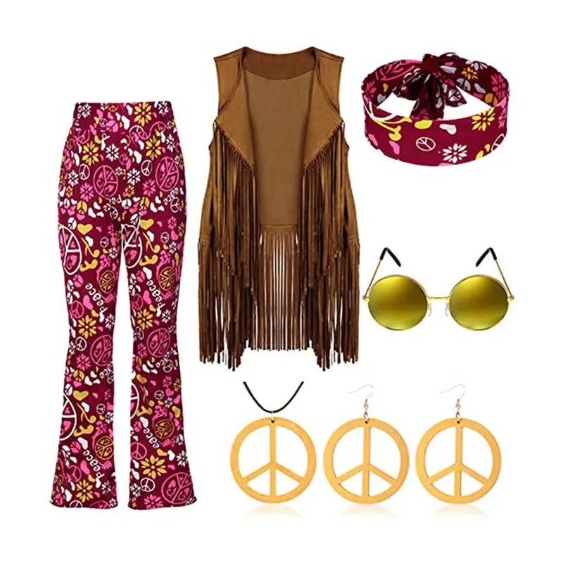Hippie Kostüm Set Für Damen - 70er Jahre Accessoires Mit Brille, Halskette & Stirnband