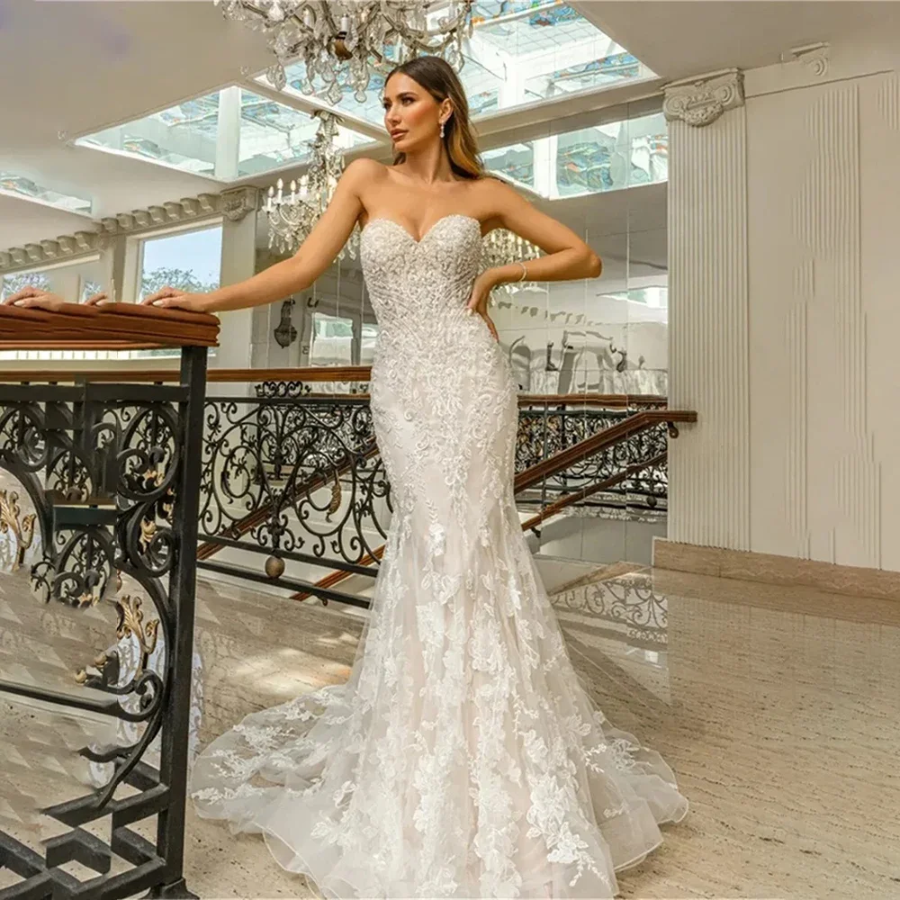 Customized Luxury Mermaid Wedding Dress Strapless Sleeveless Beading Backless Bridal Gown Detachable Trailing Marriage Dress