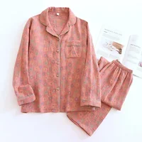 2026 new spring and summer women's pajamas suit long-sleeved trousers two-piece 100% cotton crepe flower leaves home clothes - Image 4