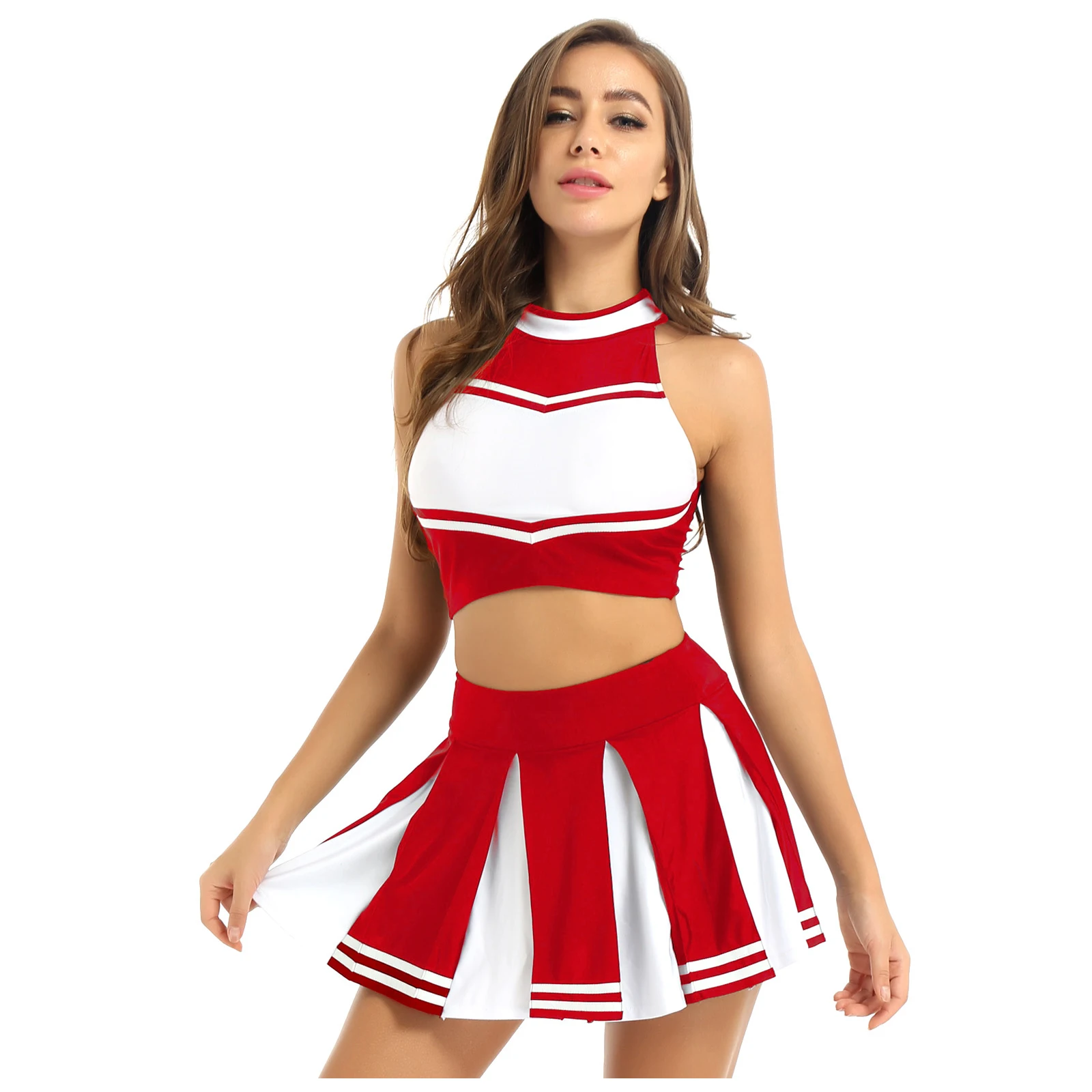 

Womens Adults Cheerleader Costume Carnival Schoolgirl Cosplay Outfit Cheerleading Uniform Sleeveless Crop Top Mini Pleated Skirt