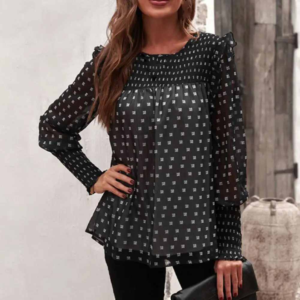 

Женская блузка с длинным рукавом-фонариком, в горошек