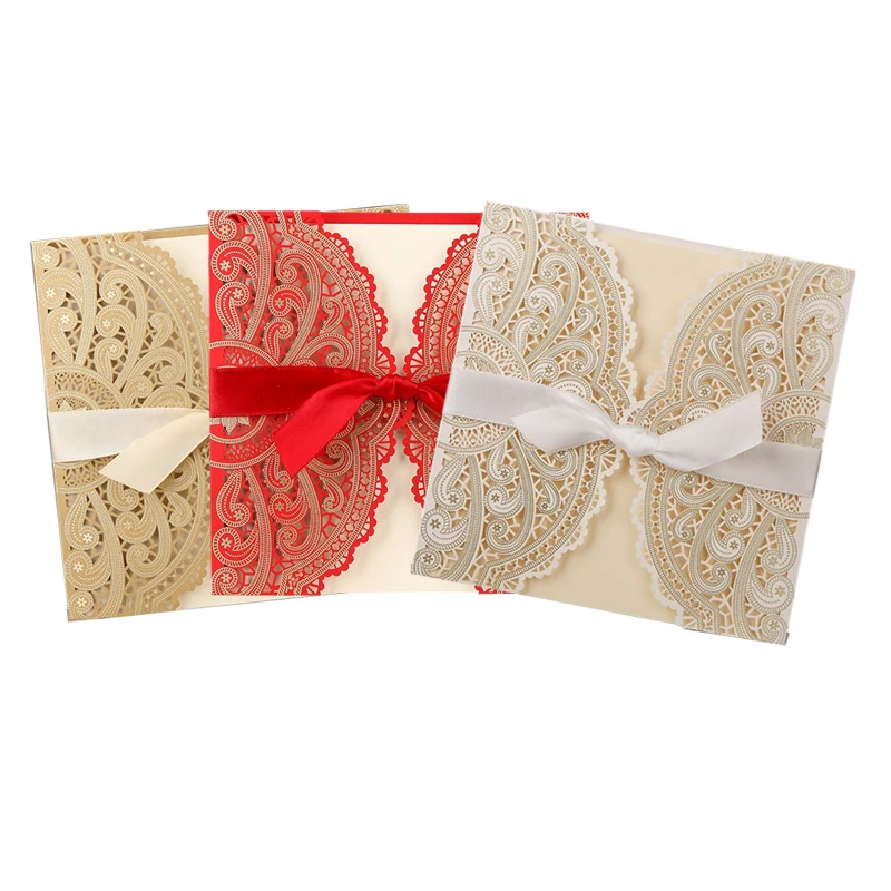 Description Picture 2 of item10Pcs Laser Cut Floral Wedding Invitations Card Lace Greeting Card Custom WIth Ribbon Birthday Engagement Wedding Party Supplies