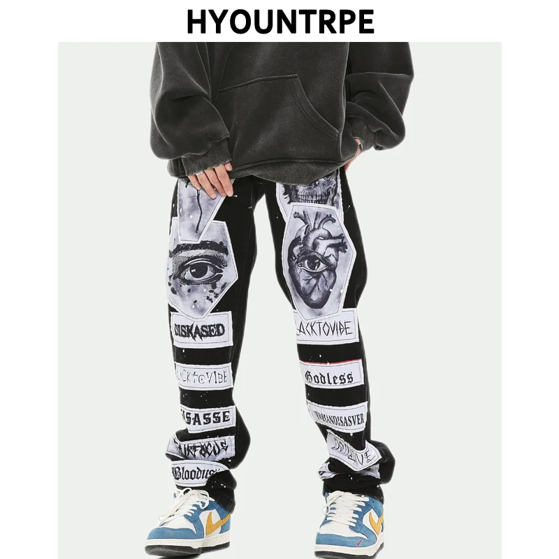 Fashion Skull Graffiti Patchwork Denim Jeans Mens Zipper Jeans Hip Hop Streetwear Casual Harajuku Straight Joggers Jeans Pants