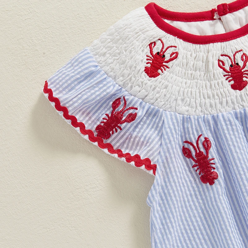 Newborn Baby Girl Crawfish Smocked Bubble Romper Lobster Ruffle Short Sleeve Bodysuit Jumpsuit Summer Outfits 5