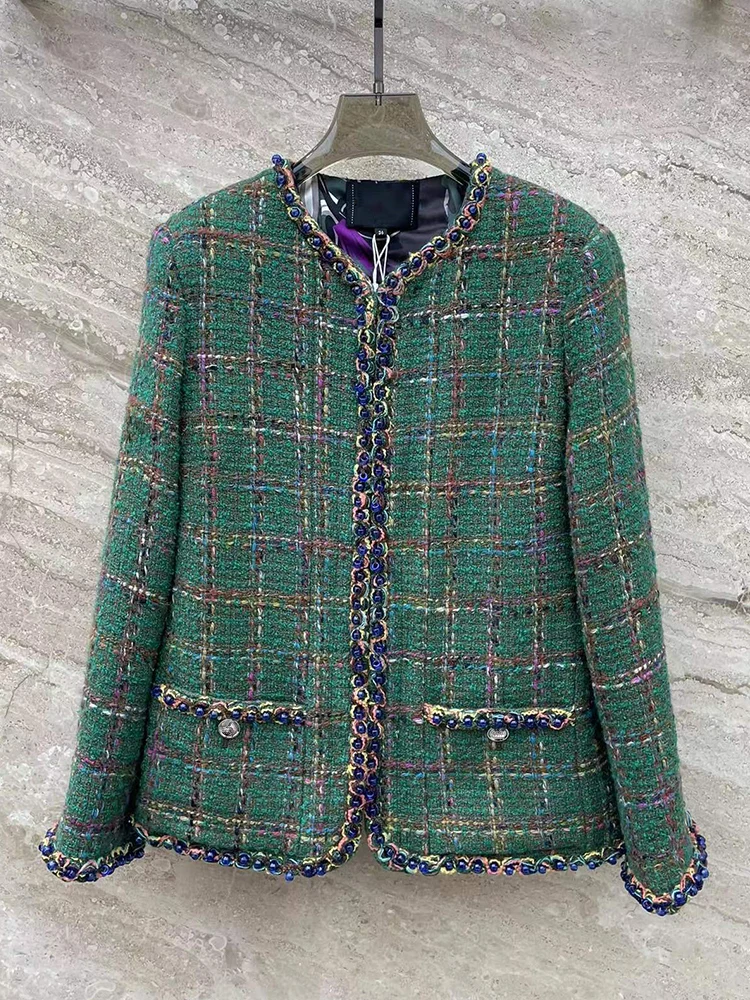 

Designer's vintage plaid hand-woven duffle Coat with hem for women's new fall fashion luxury all-in-one woolen loose jacket