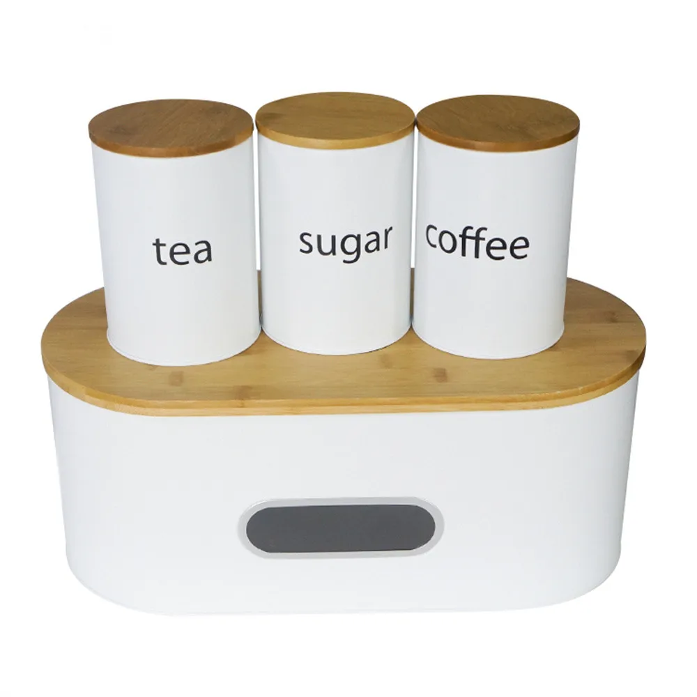 

White Bread Box With Bamboo Board Cover Metal Bin and 3pcs Round Coffee Sugar Tea Jar Kitchen Food Storage Container Set