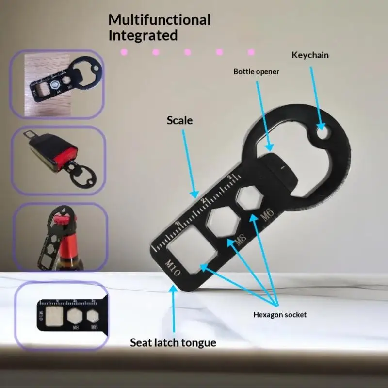 Versatile Stainless Steel Keychain Multi-Tool with Bottle Opener, Hex Wrench, Ruler, and Seat Belt Buckle