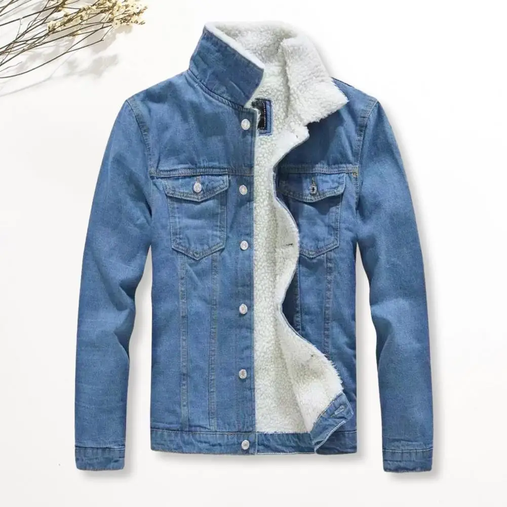 Men Solid Color Jacket Men's Stand Collar Denim Jacket with Thickened Plush Lining Neck Protection Slim Fit for Fall