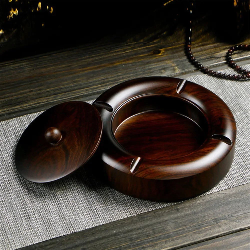 Cenicero de madera maciza de ébano de estilo chino creativo con tapa, gran personalidad, adornos decorativos para el hogar, la sala de estar y la oficina