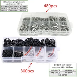 300/480pcs lock washers set stainless steel black carbon steel m2 m2.5 m3 m4 m5 m6 m8 m10 m12 spring lock washer assortment kit