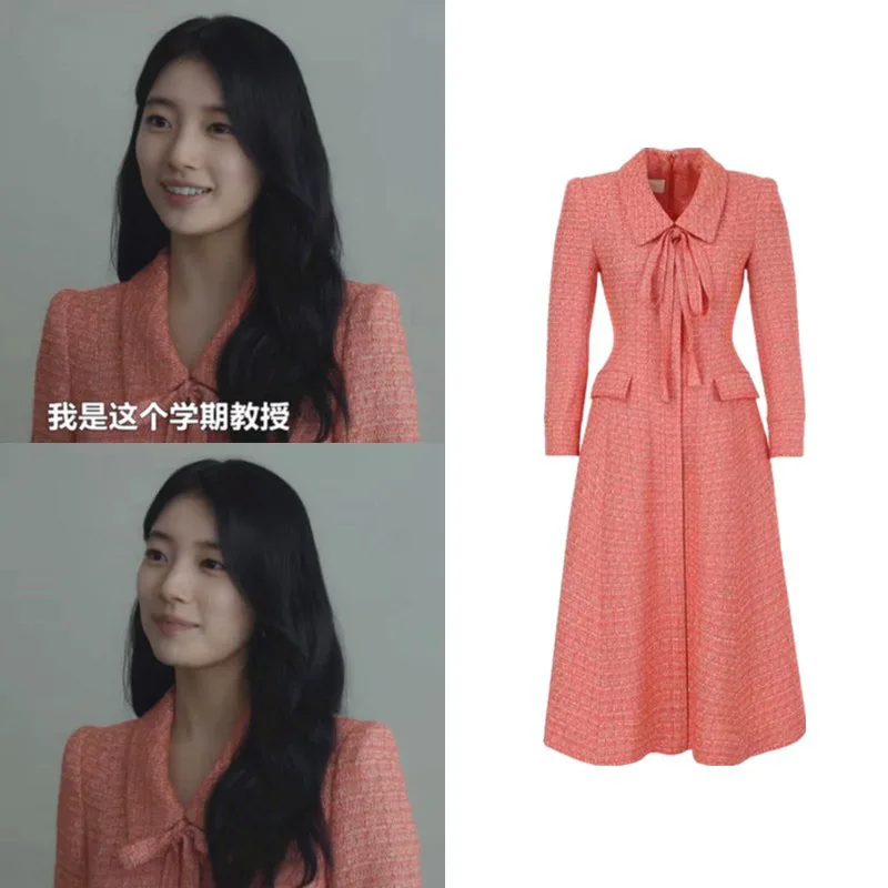 2022 Korean Drama TV Star 수지 Tweed Dress French Vintage Temperament Women  Long Dresses Office Lady Long Sleeve Dress Outwear| | - AliExpress