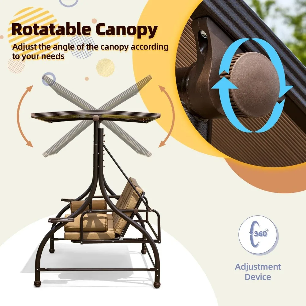 Outdoor Patio Swing with Hardtop, 3 Person Porch Swings with 2 Side Cup Holder, Convertible Backrest Swing Bed with Cushion 5