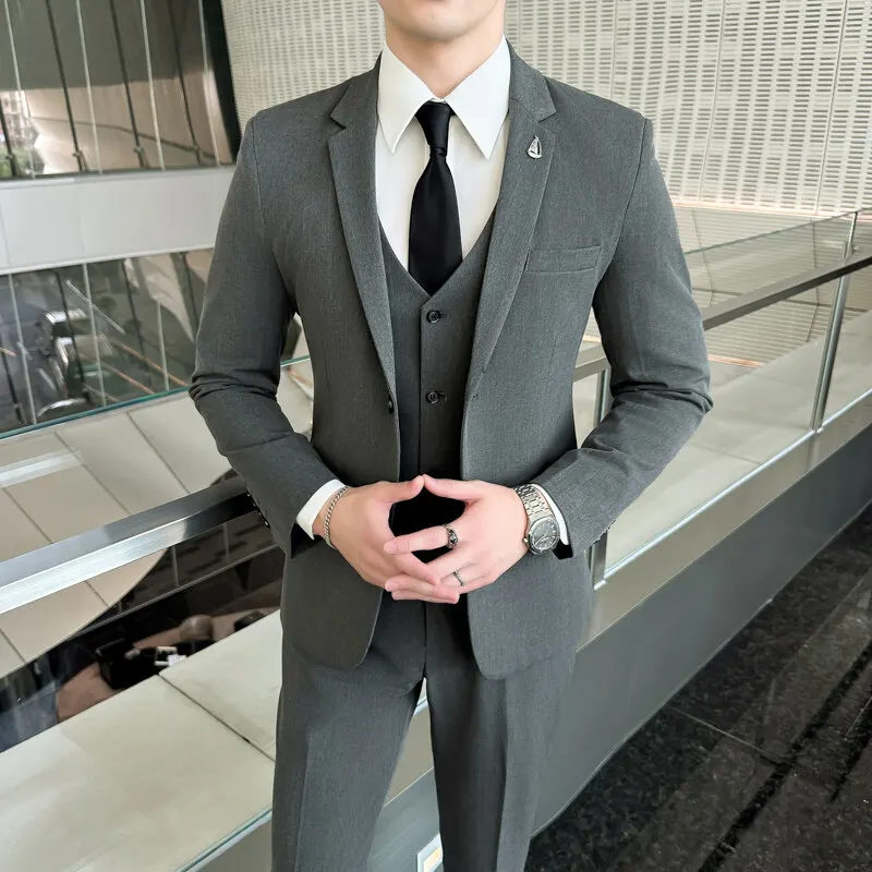 Men Suit Set (blazer+ Vest +pants) Fashion Business Casual Hosts A Solid Color Slim-fit Gentleman's Wedding Suit Plus Size M-7XL