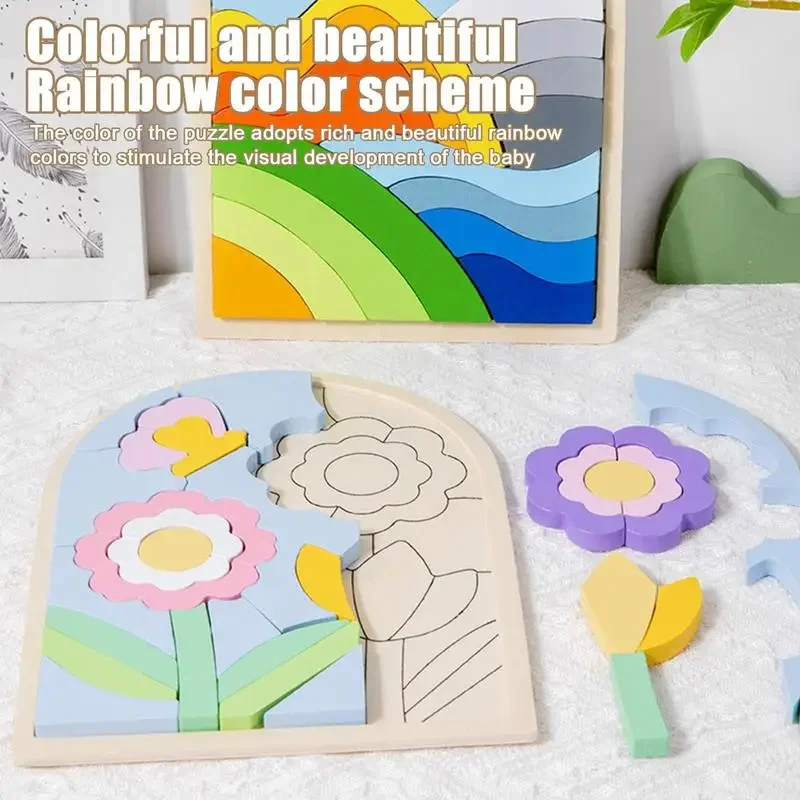 Montessori Wooden Rainbow Blocks Puzzle Rainbow Irregular Shape Color Cognitive Educational Toys for Baby Boys Girls Gift 2