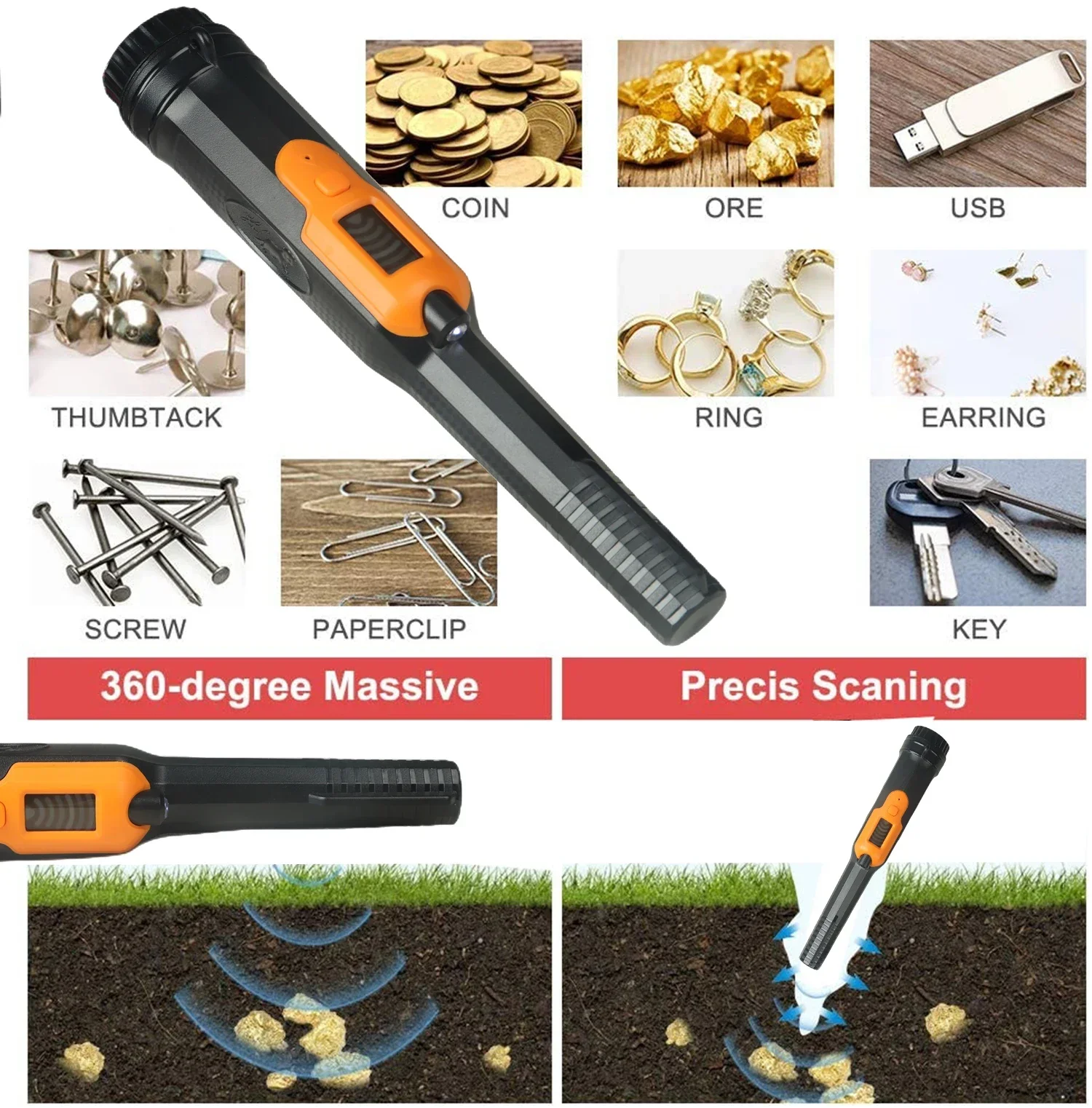 IP68 Fully Waterproof Portable Pinpointing Gold Metal Detector with LED Flashlight Security Detector for Metal Coin Gold