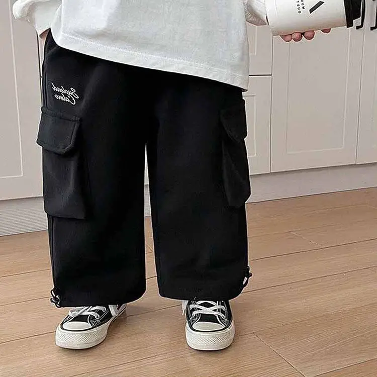 Black/grey Sweatpants Teen Boys Handsome Loose Straight Wide Leg Pants Streetwear Joggers Boys Pocket Casual Pants 2-12 Y