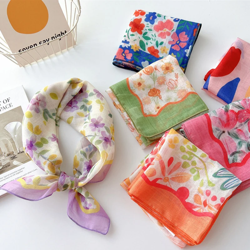 Floral Print Neckerchief Women Korean Cotton Linen Square Scarf Elegant Neck Scarves Small Wraps Bandana Head Scarfs 58*58Cm 3