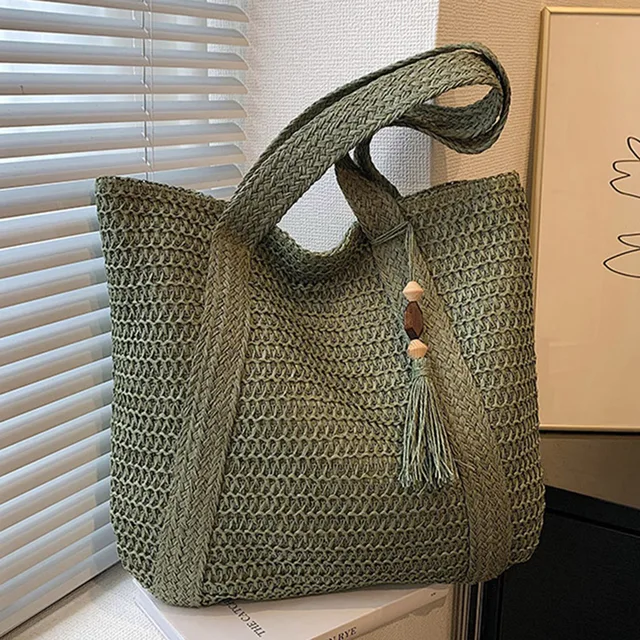 Tassel Woven Shopper Tote - Large Capacity Summer Straw Shoulder Bag