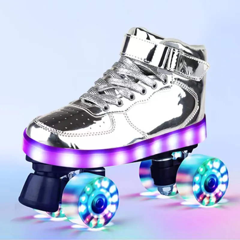 XUDREZ Women's Laser Silver Roller Skates – Classic Double-Row, High-Top, Light-Up Wheels, For Beginners Indoor/Outdoor