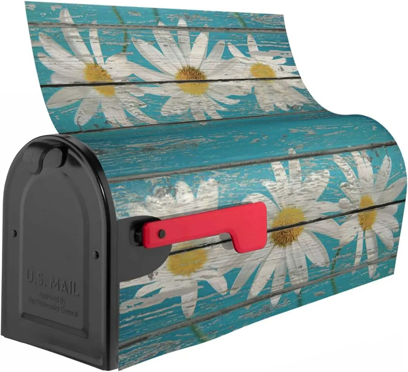 Rustic Spring Daisy Mailbox Covers Magnetic Standard Size 21x18 Inch Teal Old Wood Board Mailbox Decals Wrap Post Letter