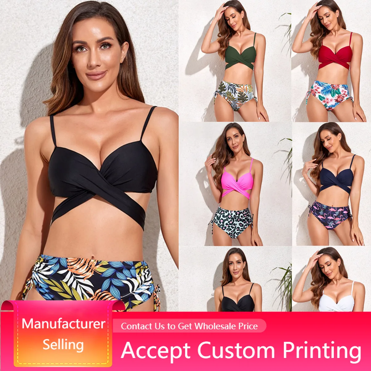 

Swimwear Bathing Suits Summer High Waist Bandage Lace Up Print Sexy Bikini Set Two Piece Push Up Swimsuit Women Beachwear