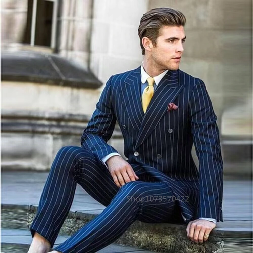 Navy Blue Striped Male Suits Double Breasted Peak Lapel Tuxedos for Men Slim Fit 2-Piece Formal Business Suits Costume Homme