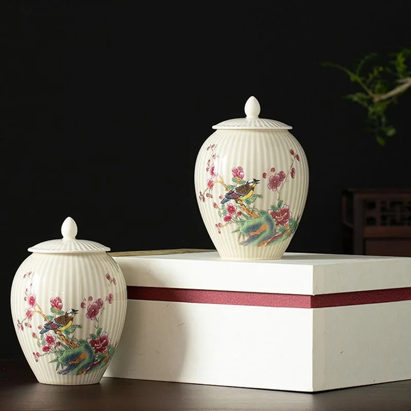 Exquisite Flower and Bird Storage Jar with Lid Ceramic Striped Candy Miscellaneous Grains Sealed Jar Kitchen Storage Container 5
