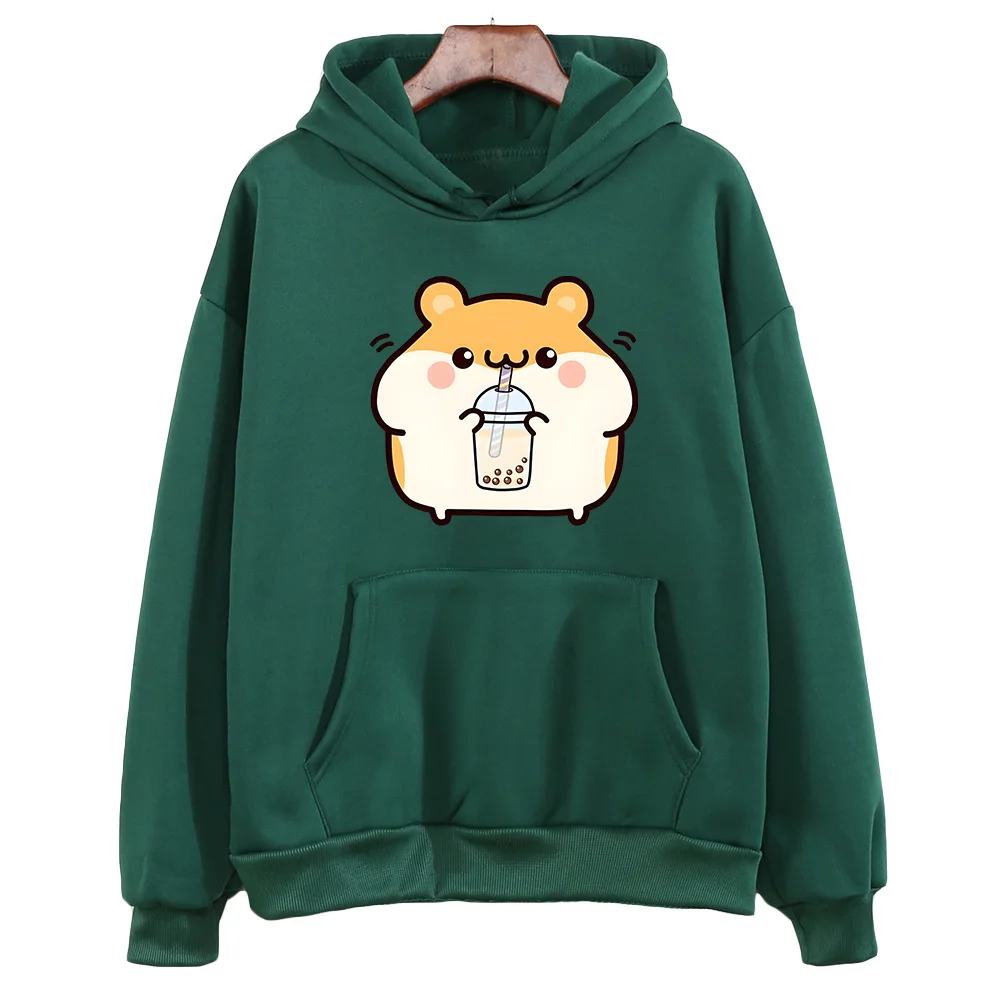 Cute Boba Tea Hamster Graphic Fleece Hoodie – Unisex Casual Winter Sweatshirt