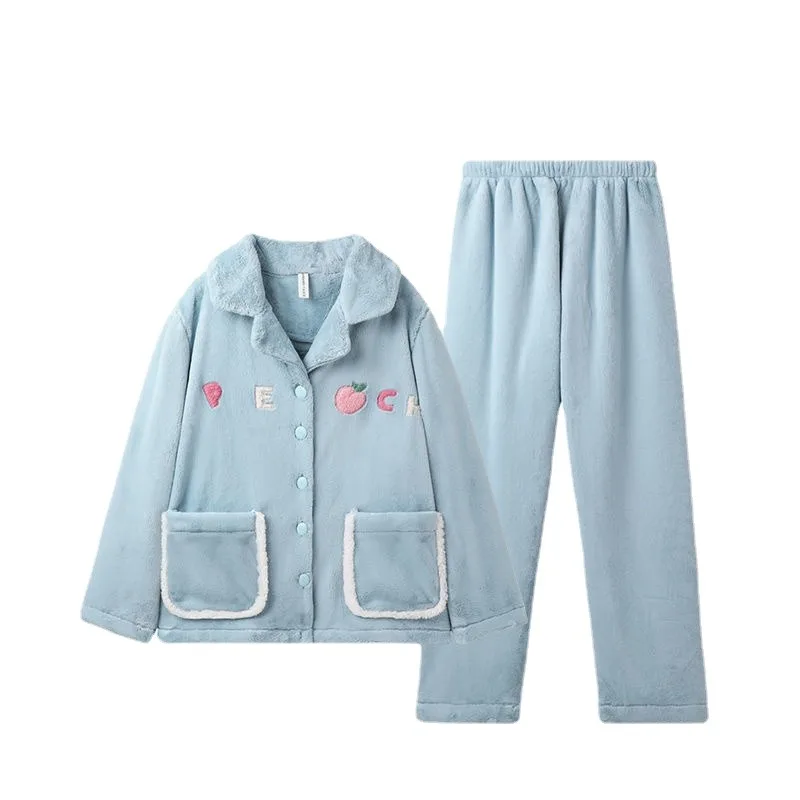 2024 New Pajama Women Winter Nightwear Coral Velvet Loungewear Plus Velvet Warm Sleepwear Autumn Flannel  V-neck Homewear Suit