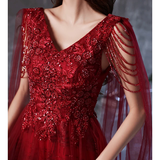 Vestidos de graduación de color rojo vino para mujer, elegantes vestidos de noche  formales con cuello en v, apliques de lujo, largo hasta el suelo, encaje,  con cuentas, 2022 - AliExpress