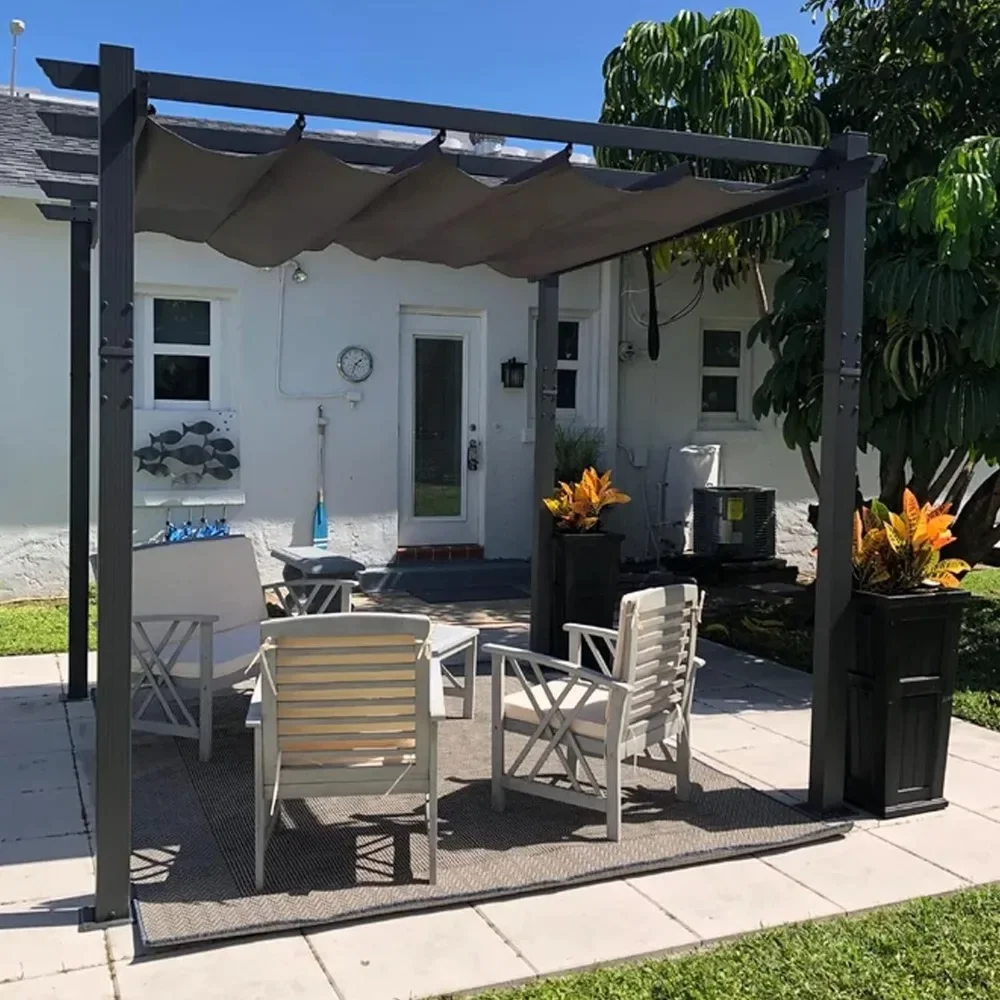 

10' X 10' Outdoor Retractable Pergola with Sunshade Canopy Patio Metal Shelter for Garden Porch Beach Pavilion Grill Gazebo