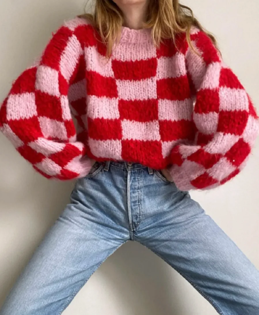 

Women Sweater Loose Plaid Wool Casual Knitted Pullover 2023 Early Autumn